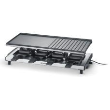 SEVERIN RACLETTE GRILL, 8 PANS, FULL NON STICK COATED PLATE, ADJUSTABLE THERMOSTAT, REMOVABLE PARTS, ON / OFF BUTTON, BRUSHED STAINLESS STEEL/BLACK SEVERIN RACLETTE GRILL, 8 PANS, FULL NON STICK COATED PLATE, ADJUSTABLE THERMOSTAT, REMOVABLE PARTS, ON / OFF BUTTON, BRUSHED STAINLESS STEEL/BLACK